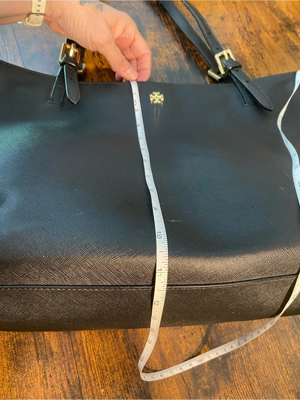 Tory Burch Black Saffiano Tote with Gold Logo Flaw